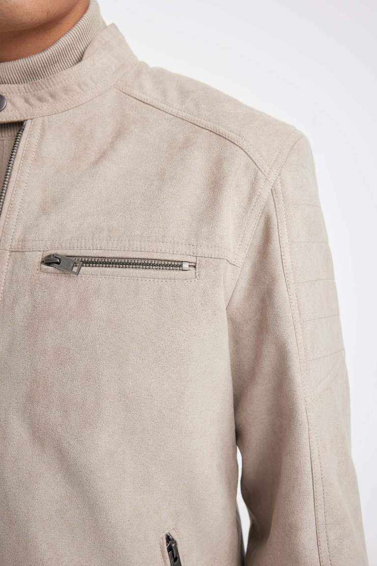 Slim Fit Dar Kesim Dik Yaka Fermuarlı Süet Görünümlü Mevsimlik Baharlık Mont
