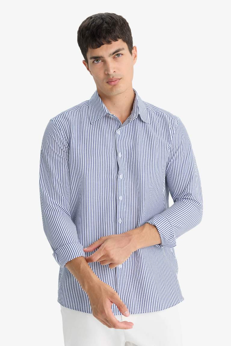Modern Fit Polo Yaka Çizgili Krinkıl Uzun Kollu Gömlek