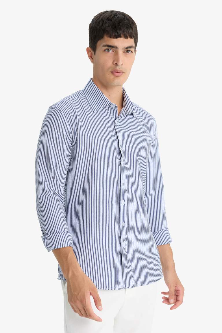 Modern Fit Polo Yaka Çizgili Krinkıl Uzun Kollu Gömlek
