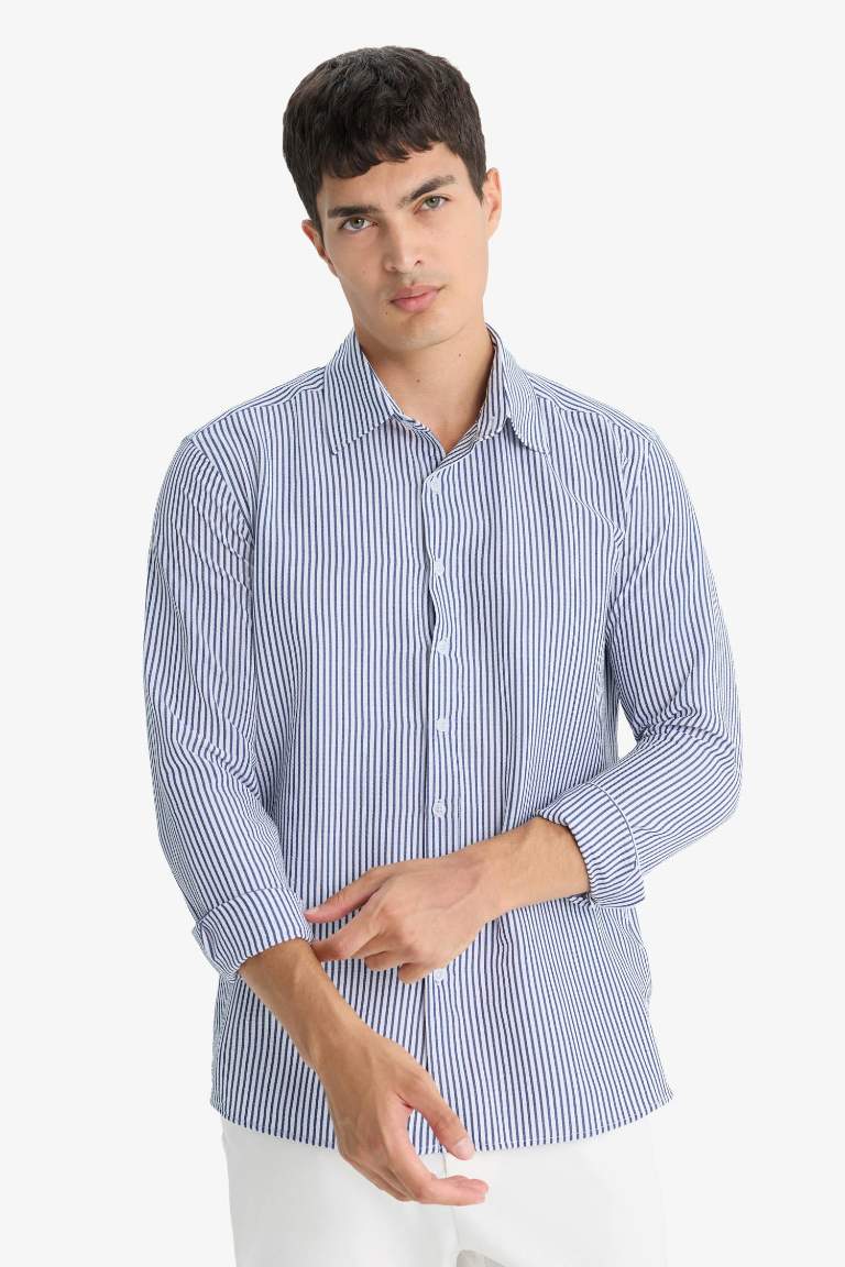 Modern Fit Polo Yaka Çizgili Krinkıl Uzun Kollu Gömlek