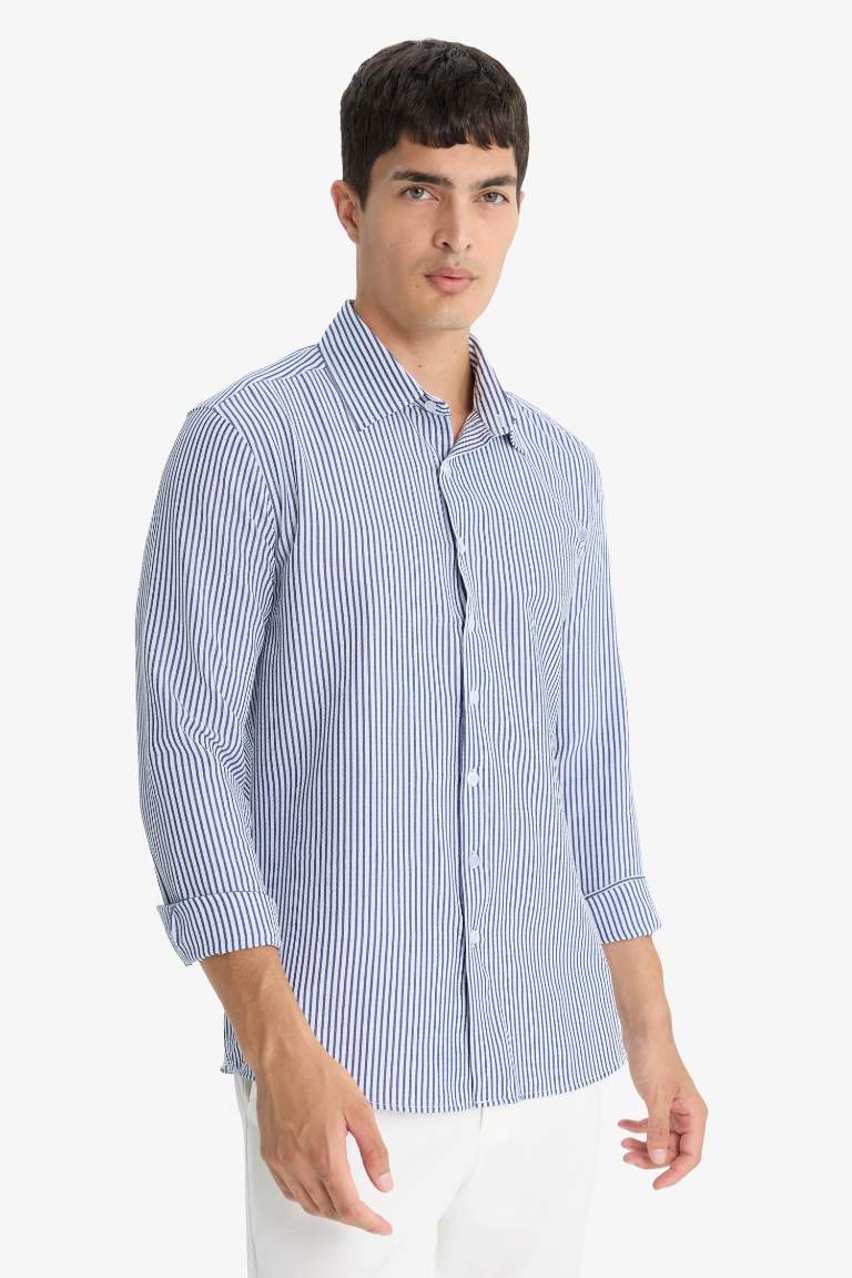 Modern Fit Polo Yaka Çizgili Krinkıl Uzun Kollu Gömlek
