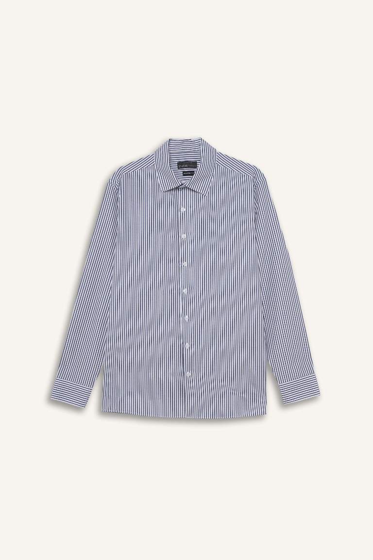 Modern Fit Polo Yaka Çizgili Krinkıl Uzun Kollu Gömlek