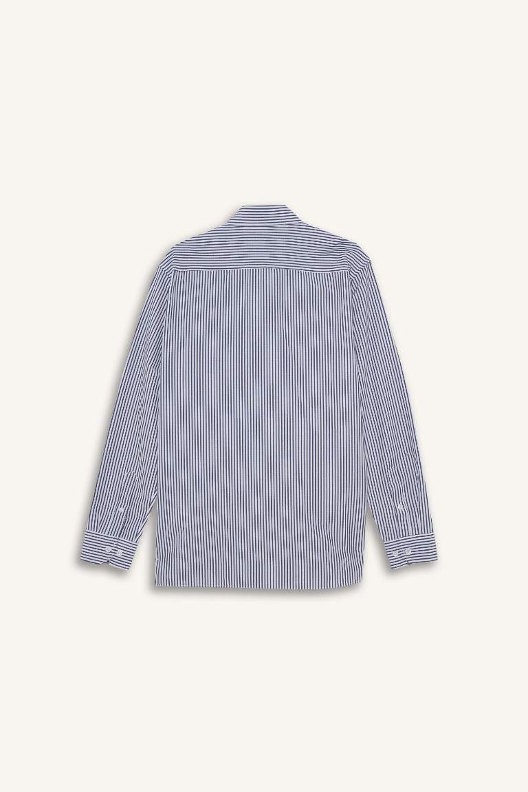 Modern Fit Polo Yaka Çizgili Krinkıl Uzun Kollu Gömlek