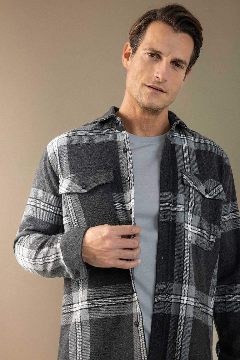 Regular Fit Polo Yaka Kareli Oduncu Flanel Uzun Kollu Gömlek