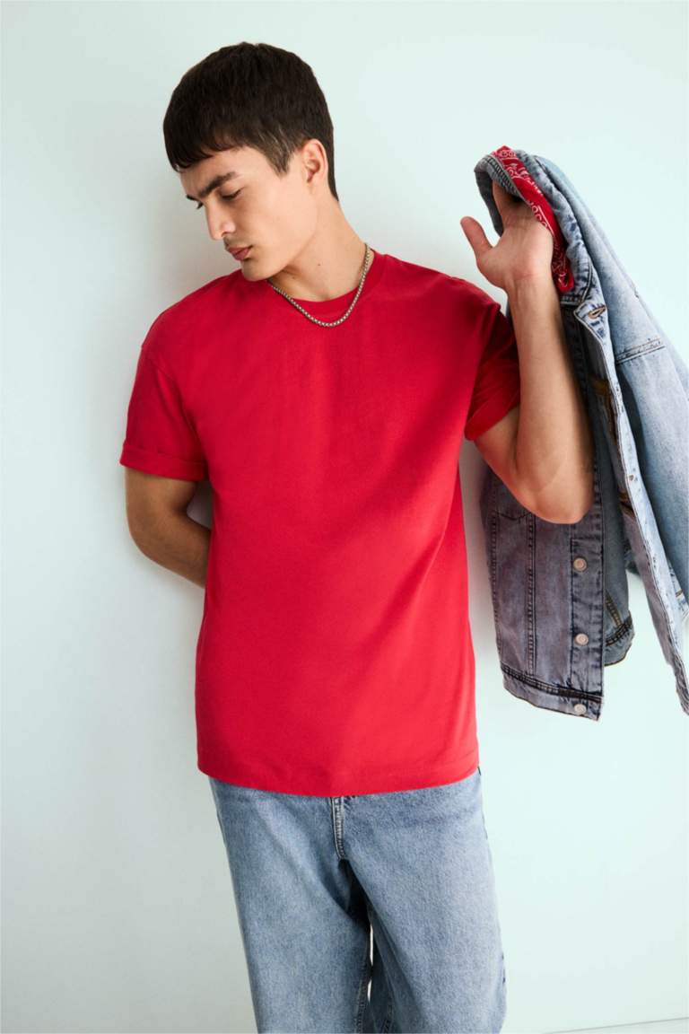 %100 Pamuk Boxy Fit Bisiklet Yaka Basic Düz Kısa Kollu Tişört