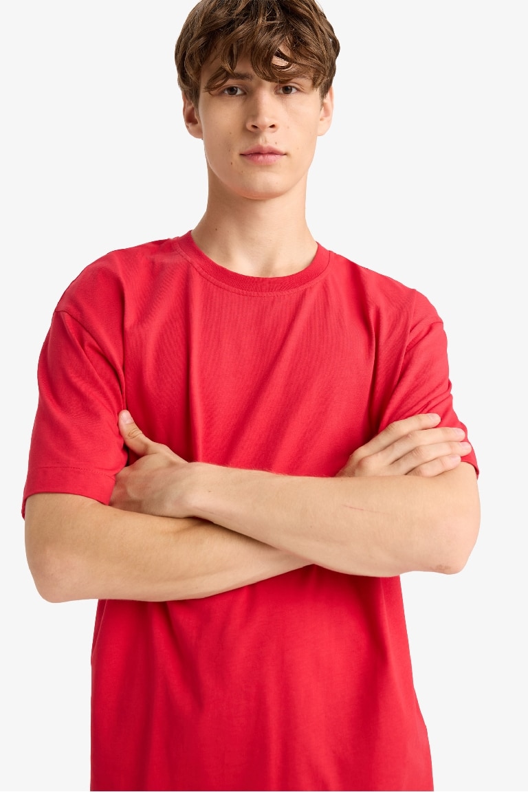%100 Pamuk Boxy Fit Bisiklet Yaka Basic Düz Kısa Kollu Tişört