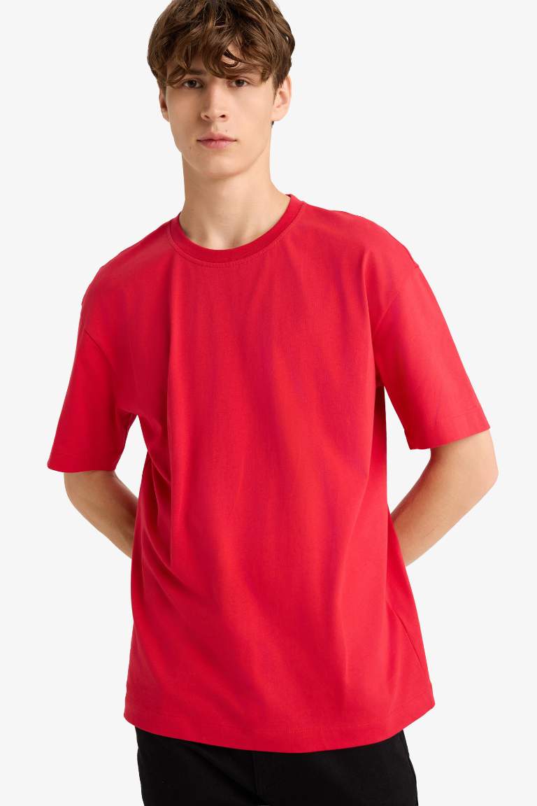 %100 Pamuk Boxy Fit Bisiklet Yaka Basic Düz Kısa Kollu Tişört