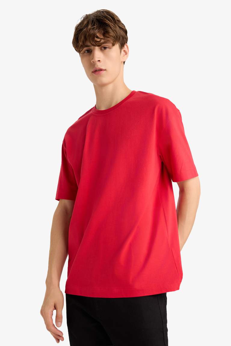 %100 Pamuk Boxy Fit Bisiklet Yaka Basic Düz Kısa Kollu Tişört