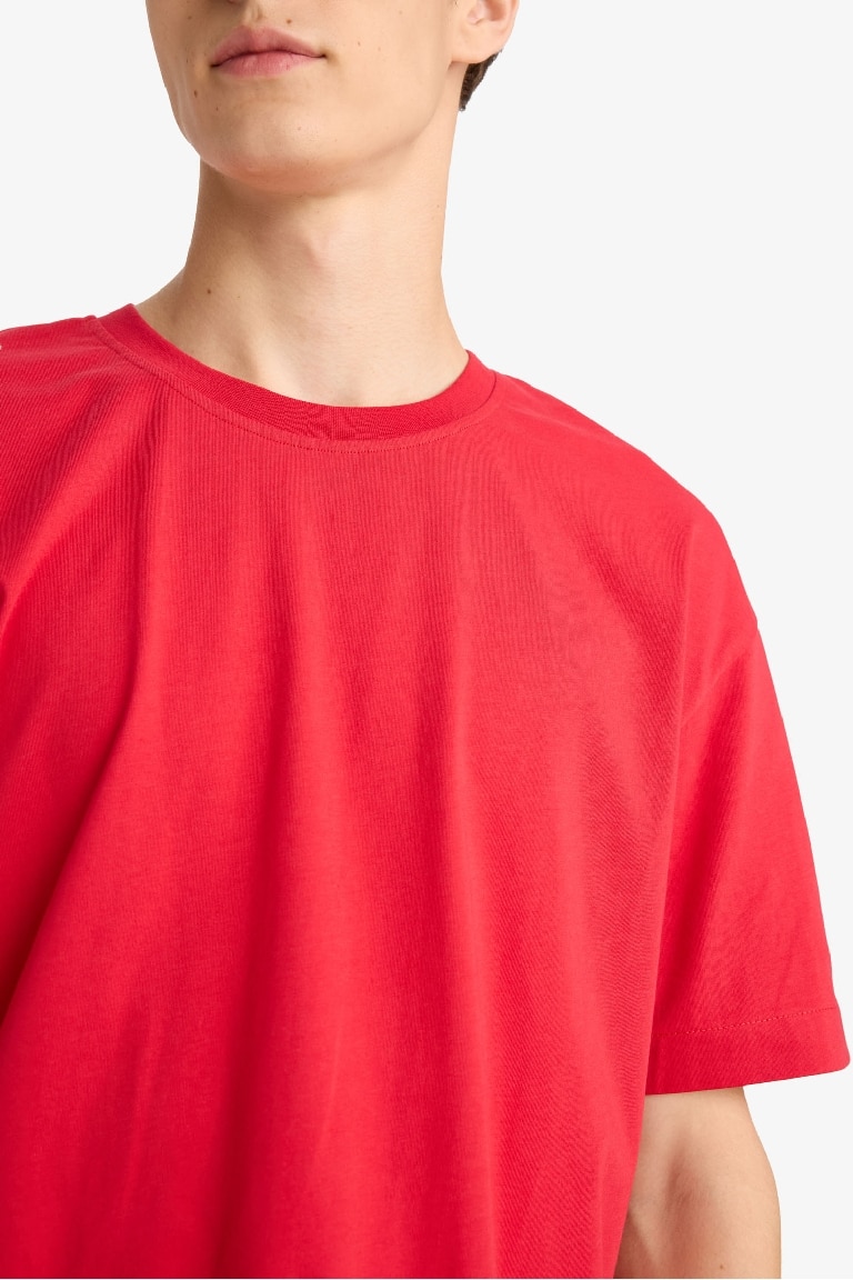 %100 Pamuk Boxy Fit Bisiklet Yaka Basic Düz Kısa Kollu Tişört