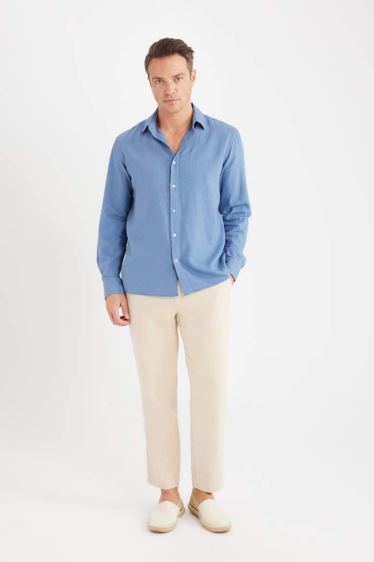 Regular Fit Polo Collar Long Sleeve Linen Shirt