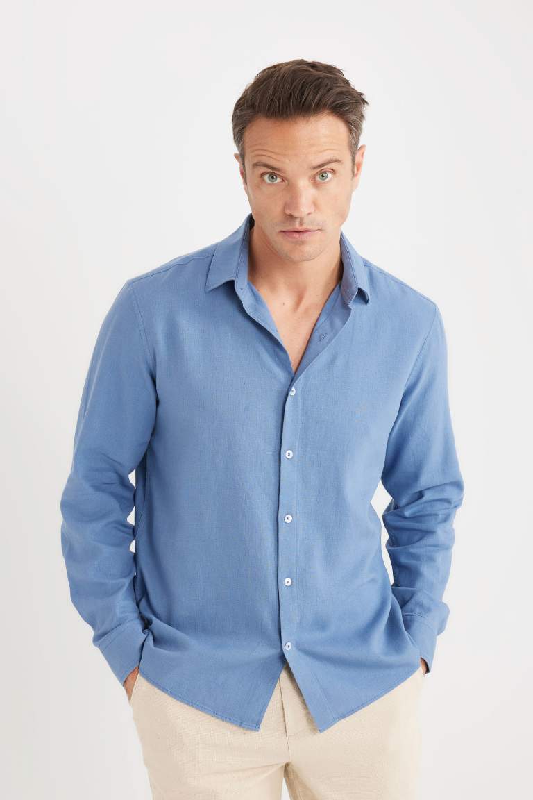 Regular Fit Polo Collar Long Sleeve Linen Shirt