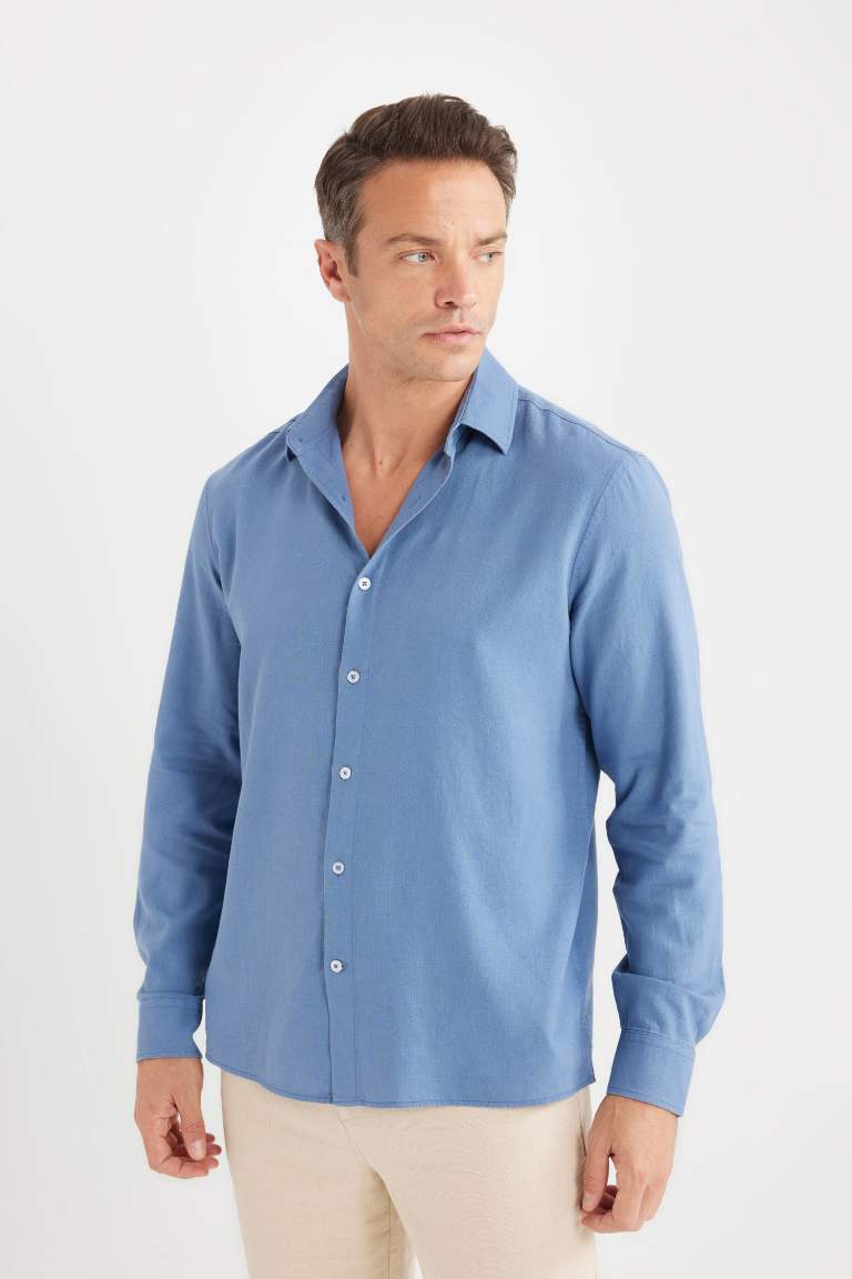 Regular Fit Polo Collar Long Sleeve Linen Shirt