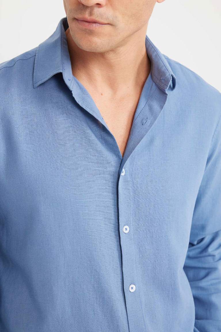 Regular Fit Polo Collar Long Sleeve Linen Shirt