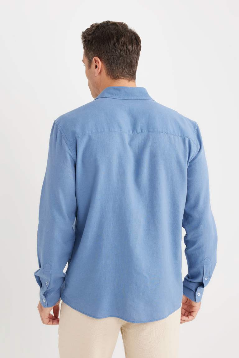 Regular Fit Polo Collar Long Sleeve Linen Shirt