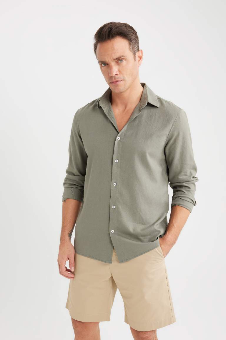 Regular Fit Polo Collar Long Sleeve Linen Shirt