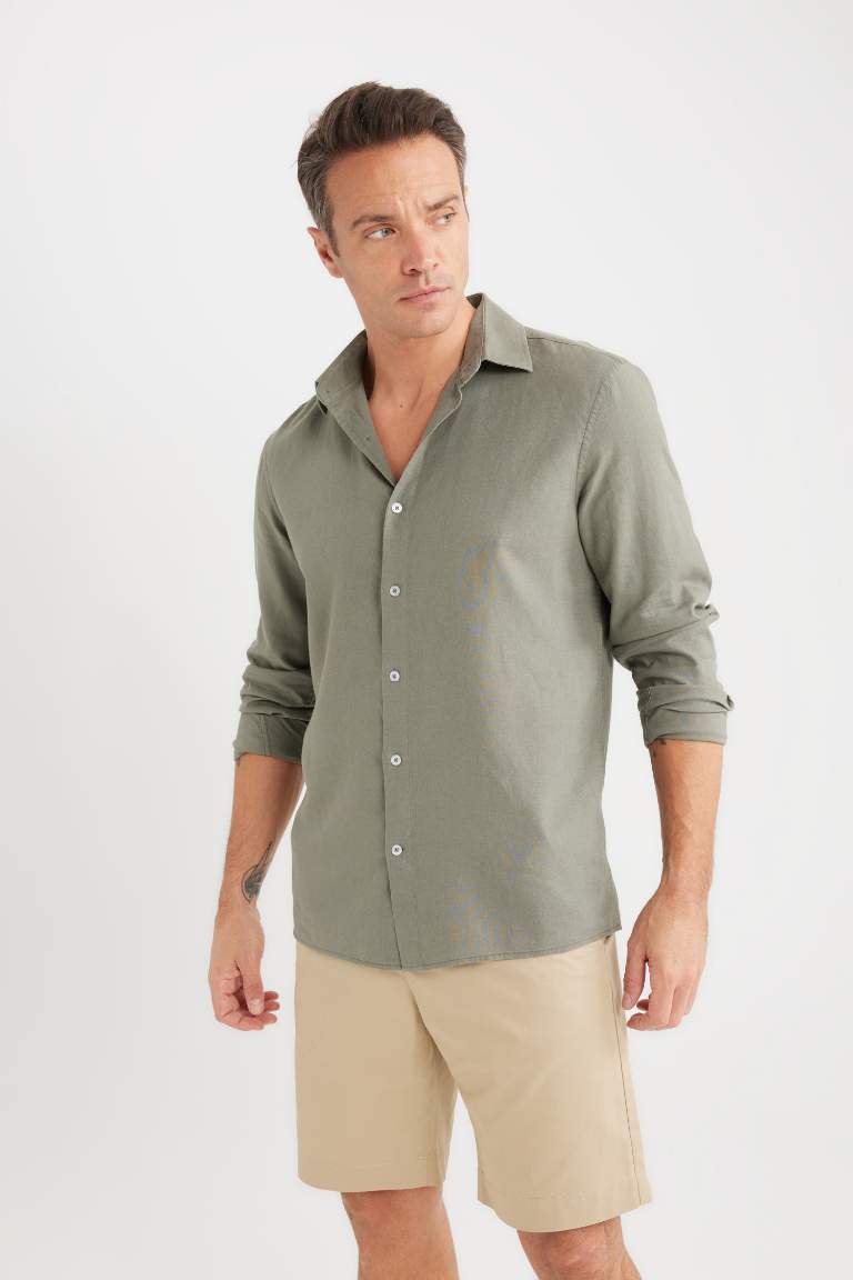 Regular Fit Polo Collar Long Sleeve Linen Shirt