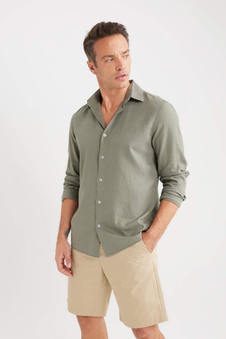 Regular Fit Polo Collar Long Sleeve Linen Shirt