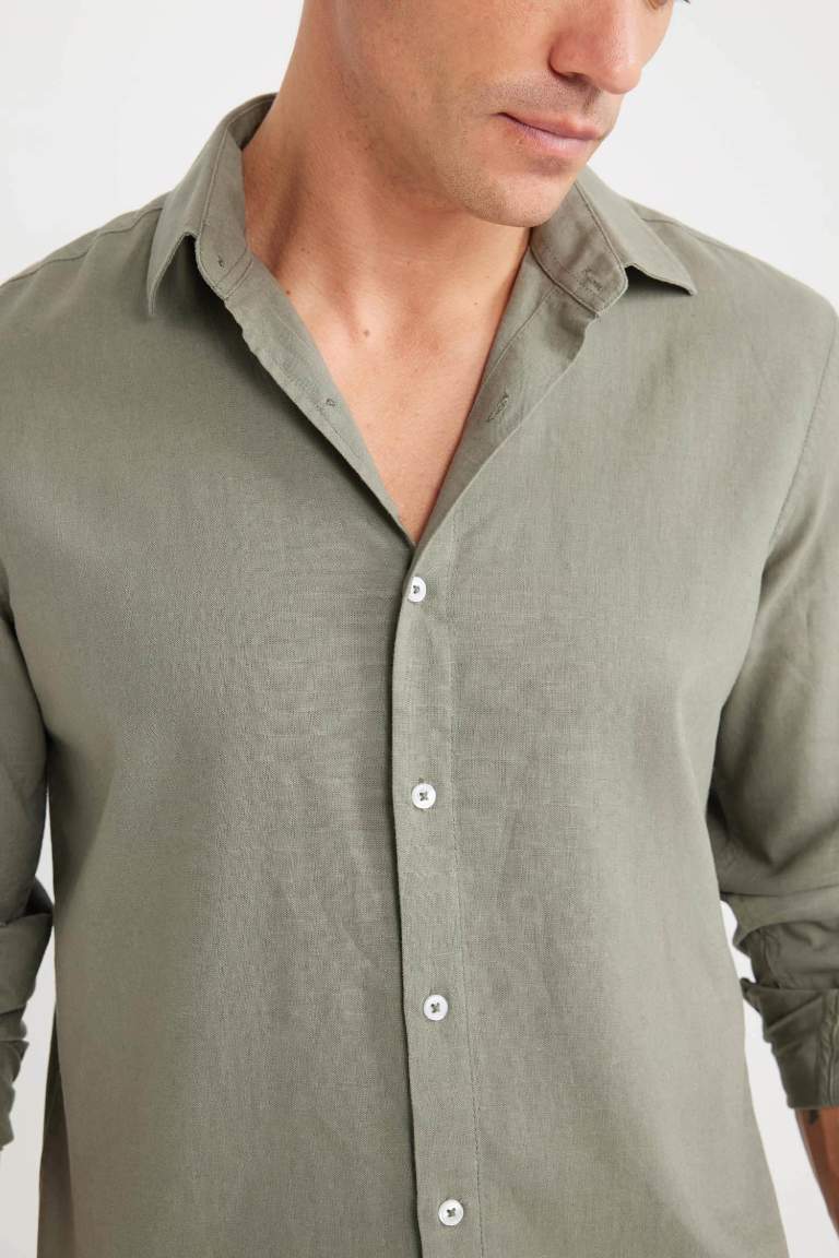 Regular Fit Polo Collar Long Sleeve Linen Shirt