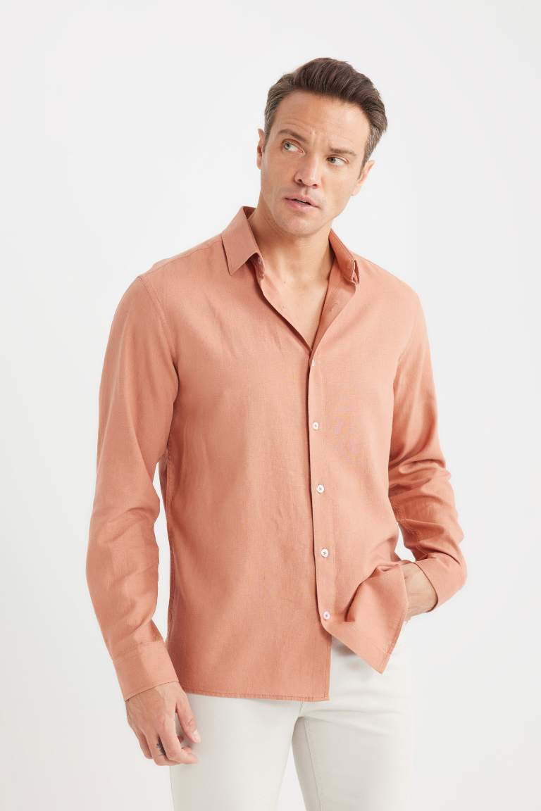 Regular Fit Polo Collar Long Sleeve Linen Shirt