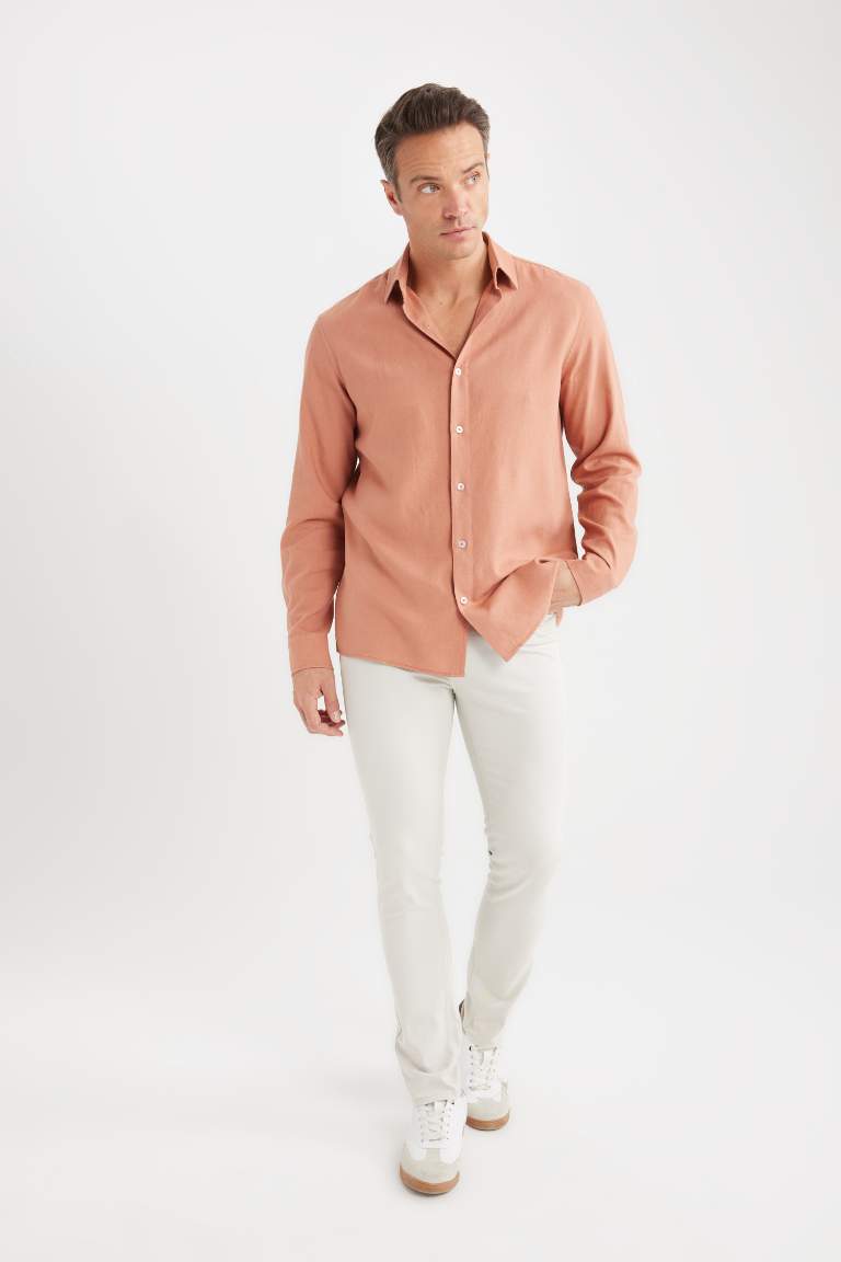 Regular Fit Polo Collar Long Sleeve Linen Shirt