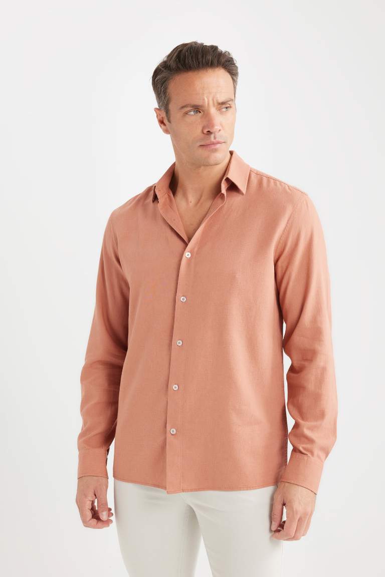 Regular Fit Polo Collar Long Sleeve Linen Shirt