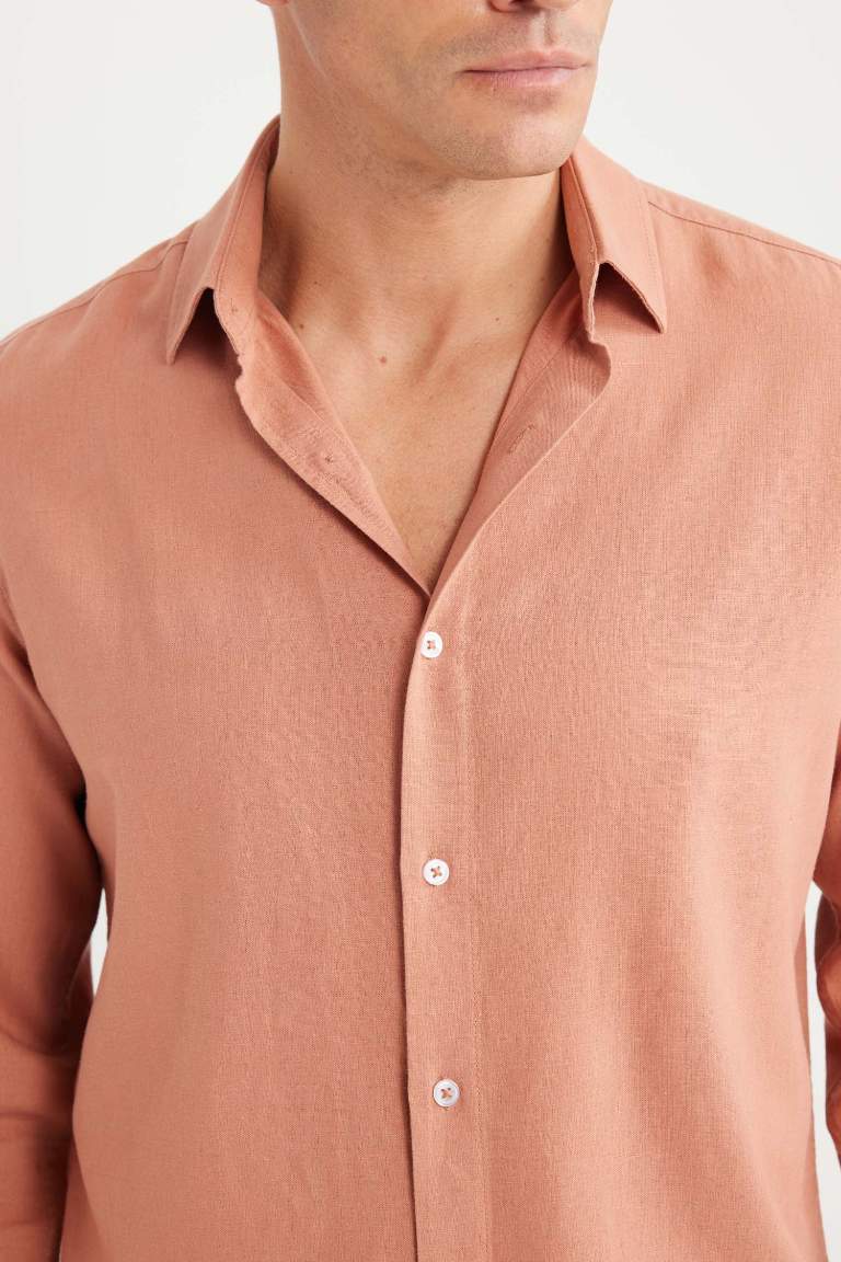 Regular Fit Polo Collar Long Sleeve Linen Shirt