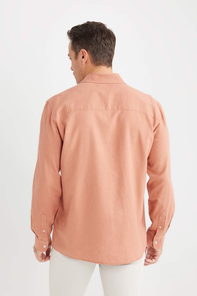 Regular Fit Polo Collar Long Sleeve Linen Shirt