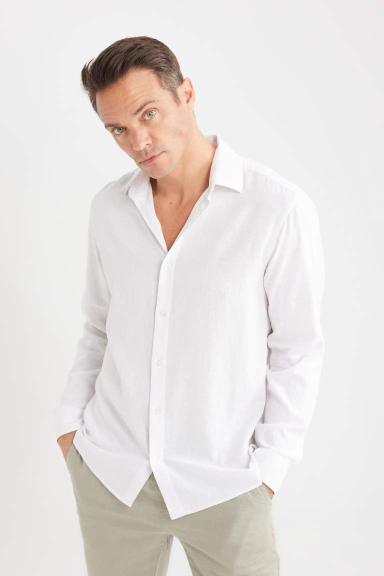 Regular Fit Polo Collar Long Sleeve Linen Shirt