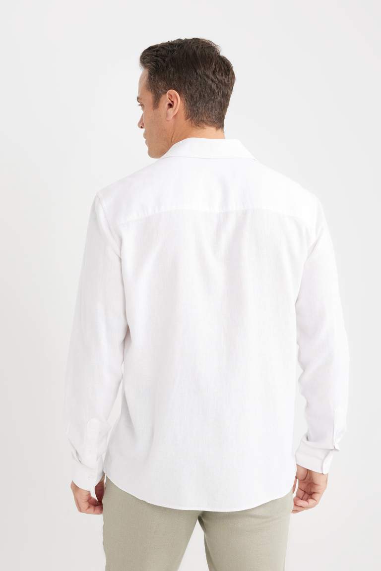 Regular Fit Polo Collar Long Sleeve Linen Shirt