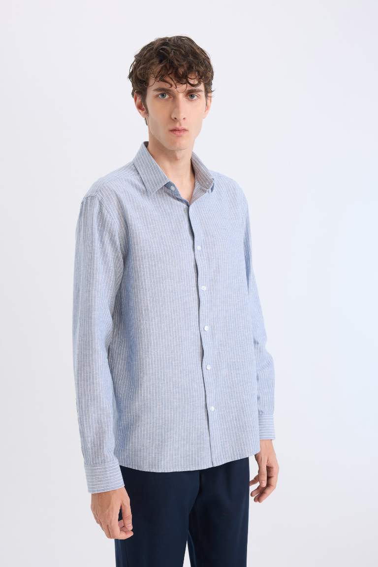 Regular Fit Polo Collar Striped Linen Long Sleeve Shirt