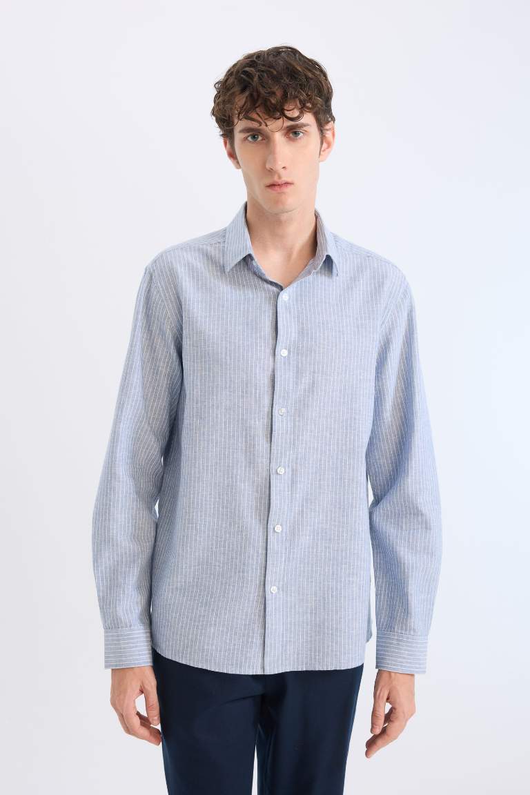 Regular Fit Polo Collar Striped Linen Long Sleeve Shirt