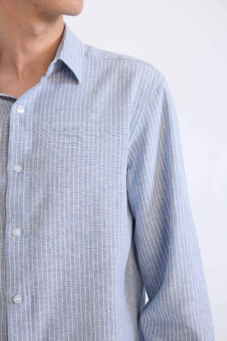 Regular Fit Polo Collar Striped Linen Long Sleeve Shirt