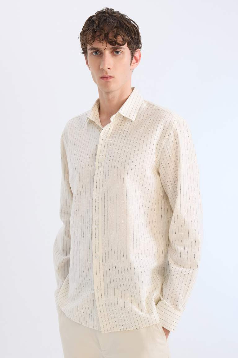 Regular Fit Polo Collar Striped Linen Long Sleeve Shirt