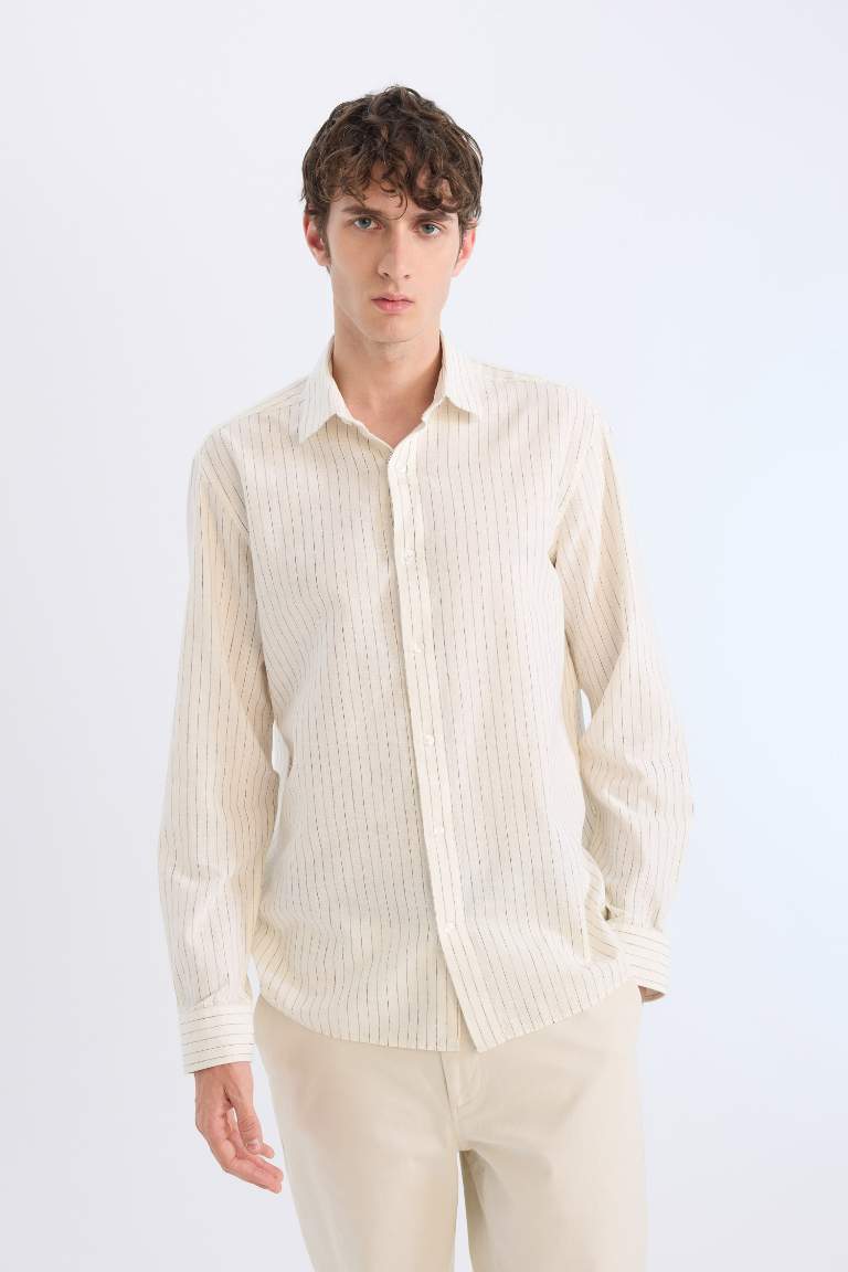 Regular Fit Polo Collar Striped Linen Long Sleeve Shirt