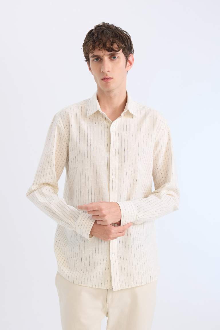 Regular Fit Polo Collar Striped Linen Long Sleeve Shirt