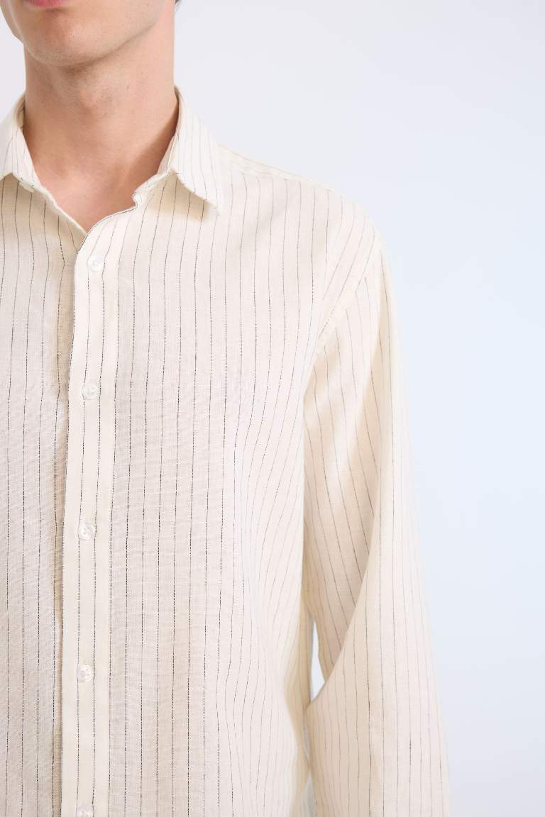 Regular Fit Polo Collar Striped Linen Long Sleeve Shirt