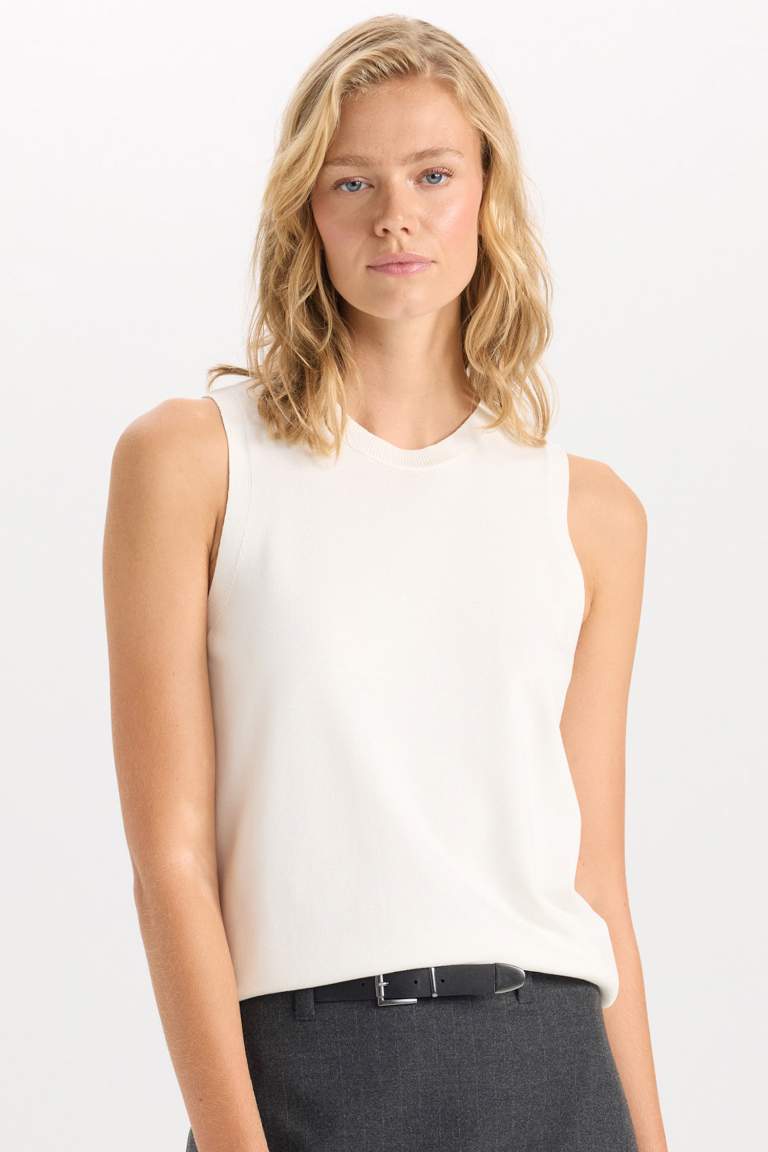 Fitted Crew Neck Ribbed Sleeveless Basic Pullover