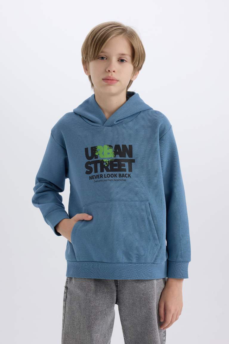 Boy Hooded Printed Pocketed Soft Furry Sweatshirt