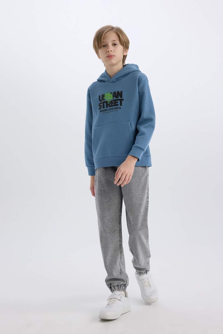 Boy Hooded Printed Pocketed Soft Furry Sweatshirt