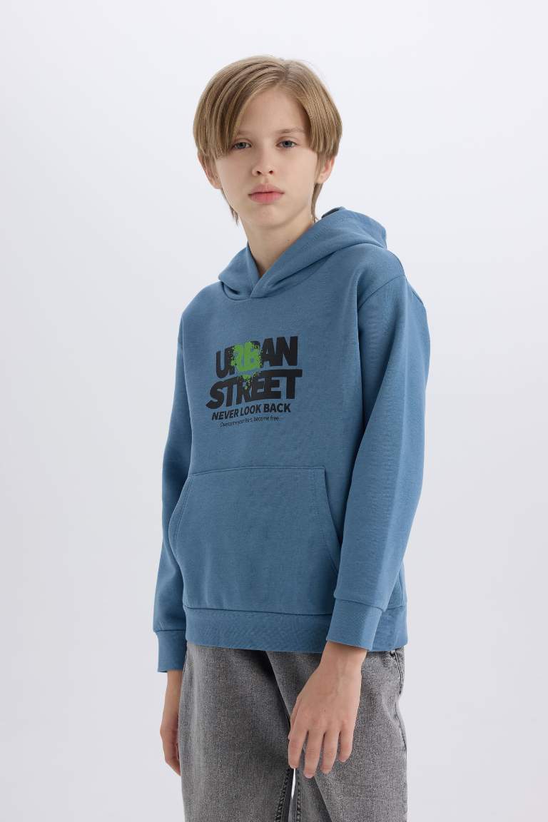 Boy Hooded Printed Pocketed Soft Furry Sweatshirt