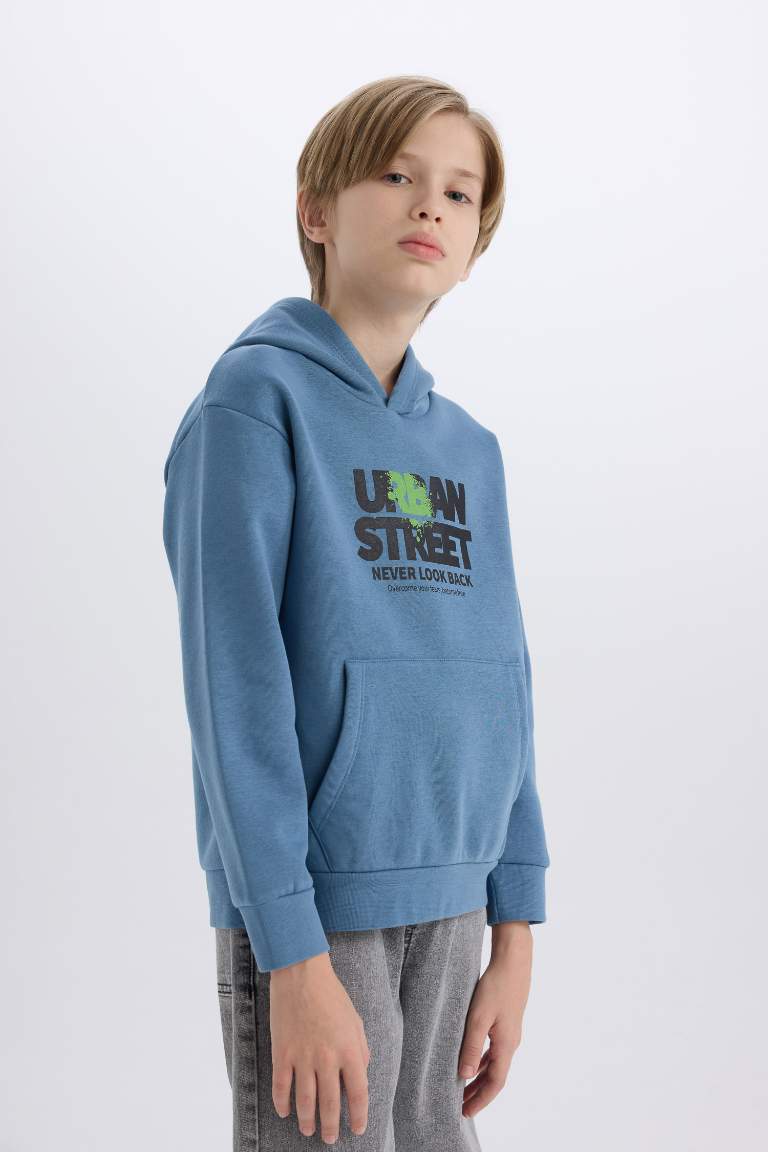 Boy Hooded Printed Pocketed Soft Furry Sweatshirt