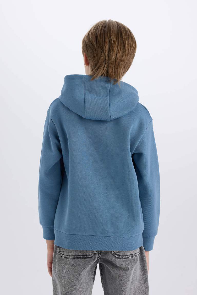 Boy Hooded Printed Pocketed Soft Furry Sweatshirt