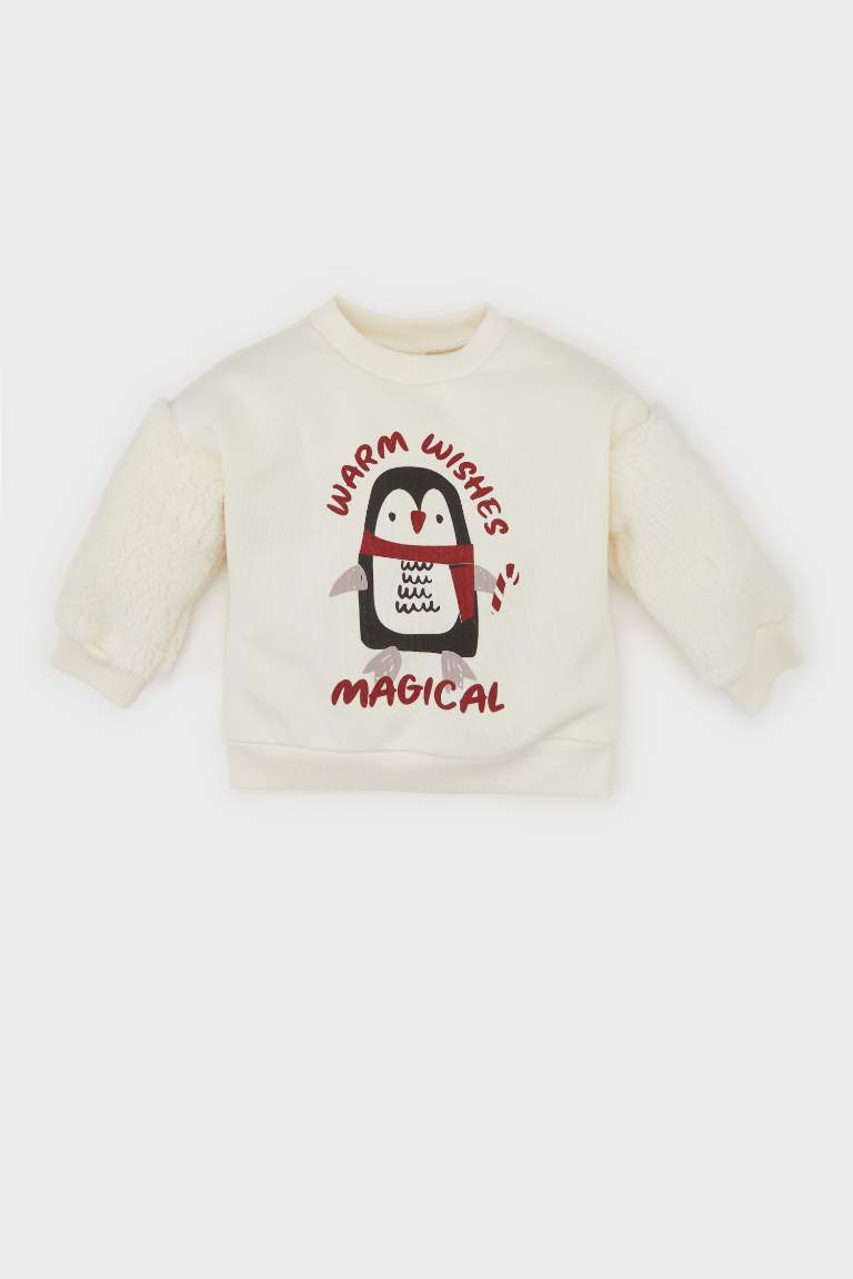 Baby Girl Crew Neck Printed Soft Furry Sweatshirt