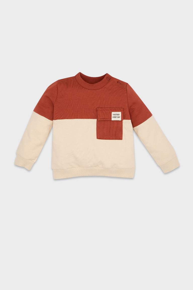 Erkek Bebek Bisiklet Yaka Renk Bloklu İçi Yumuşak Tüylü Sweatshirt