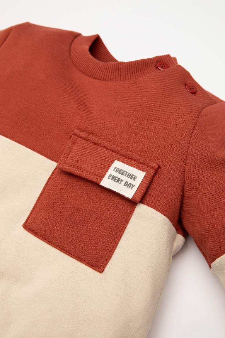 Erkek Bebek Bisiklet Yaka Renk Bloklu İçi Yumuşak Tüylü Sweatshirt