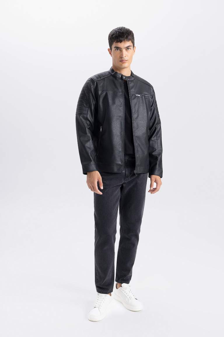 Jacket slim en simili cuir à col rond et fermeture zip