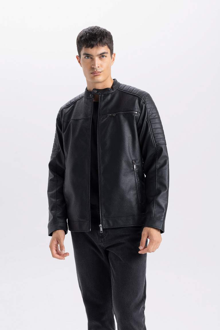 Jacket slim en simili cuir à col rond et fermeture zip