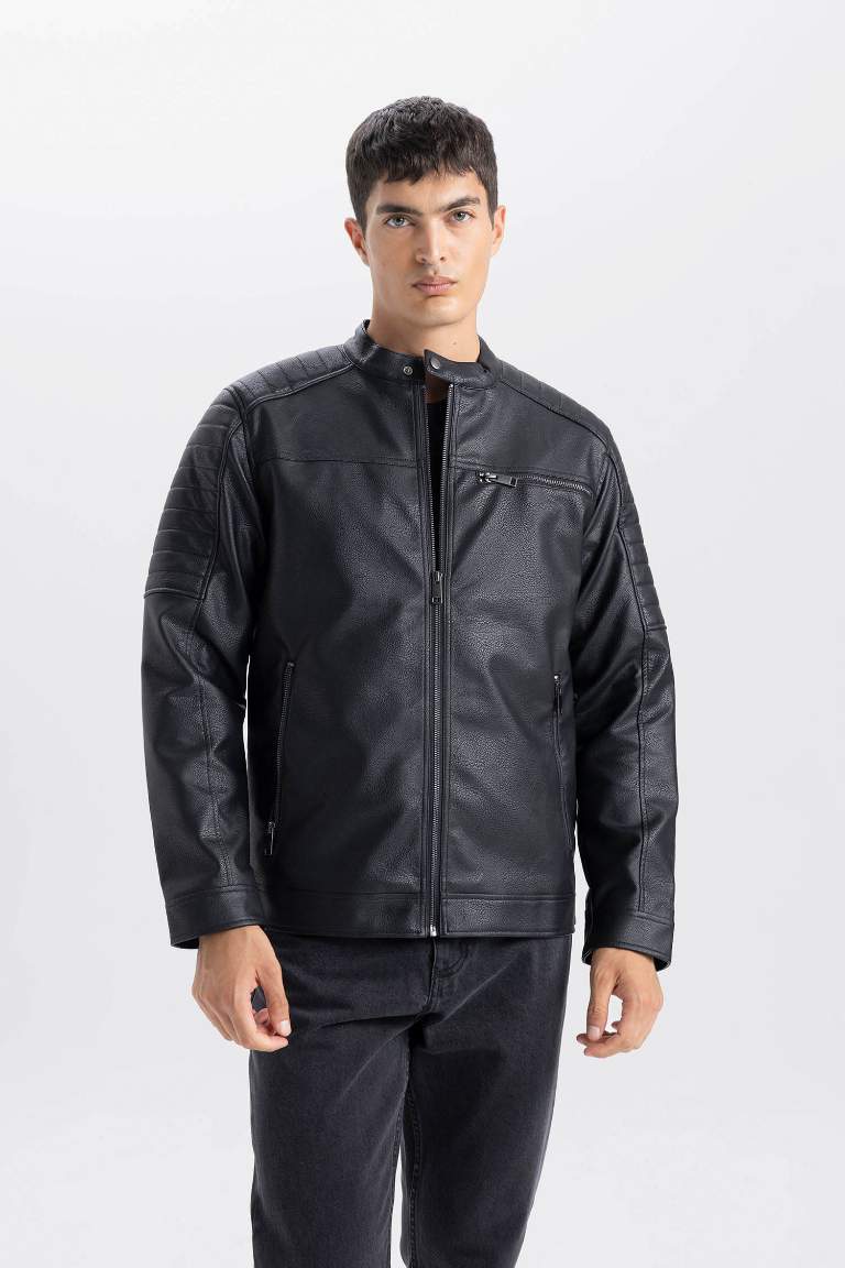 Jacket slim en simili cuir à col rond et fermeture zip