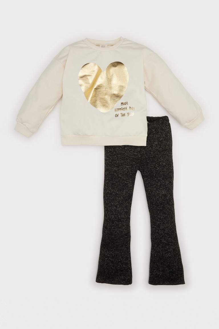 Kız Bebek 2'li Takım Bisiklet Yaka Parlak Kalp Baskılı Sweatshirt İspanyol Paça Tayt