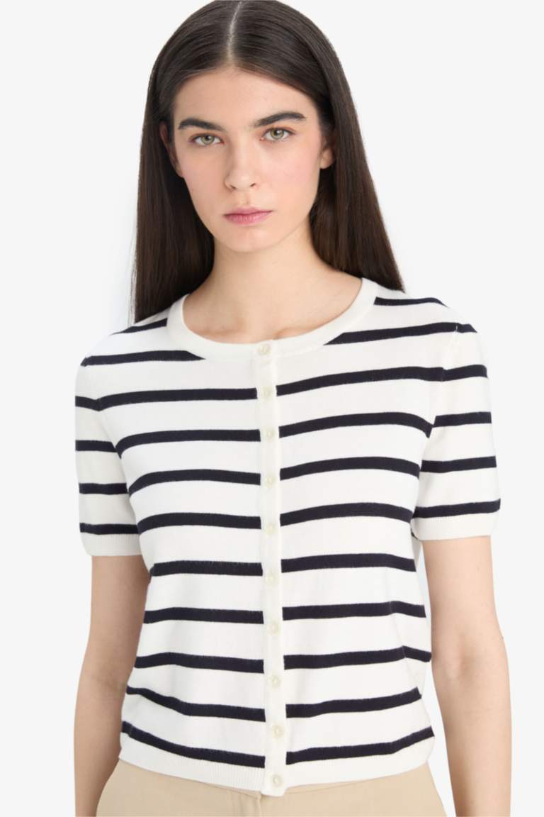 Regular Fit Crew Neck Striped Knit Cardigan